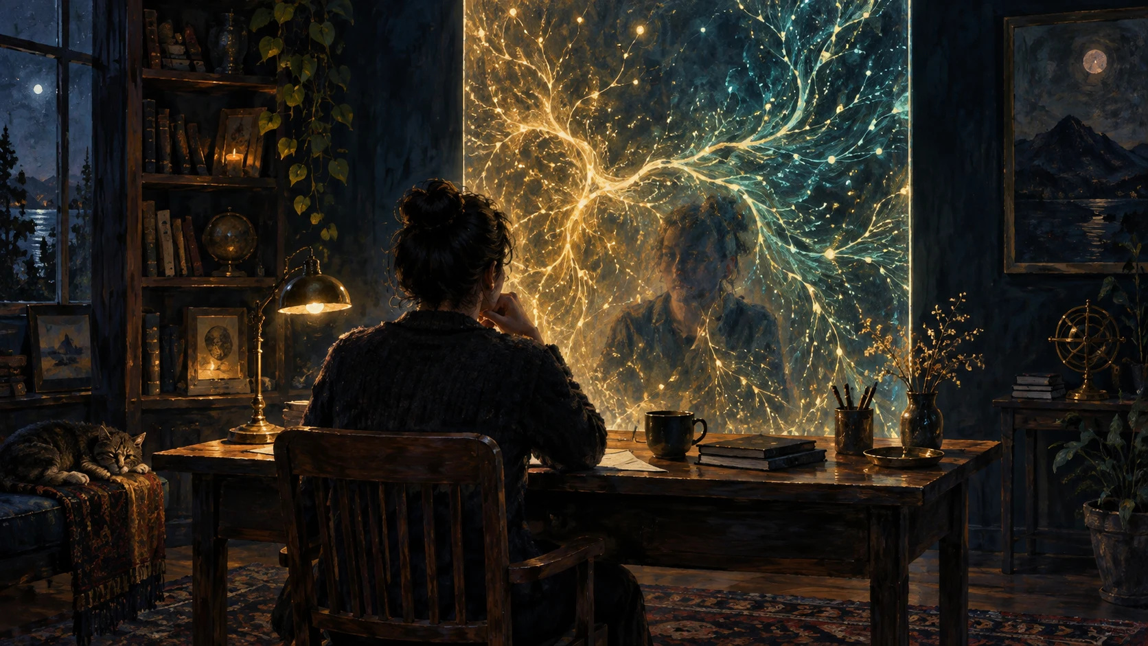 A person at a desk faces a luminous pane holding their reflection among branching amber and blue light.