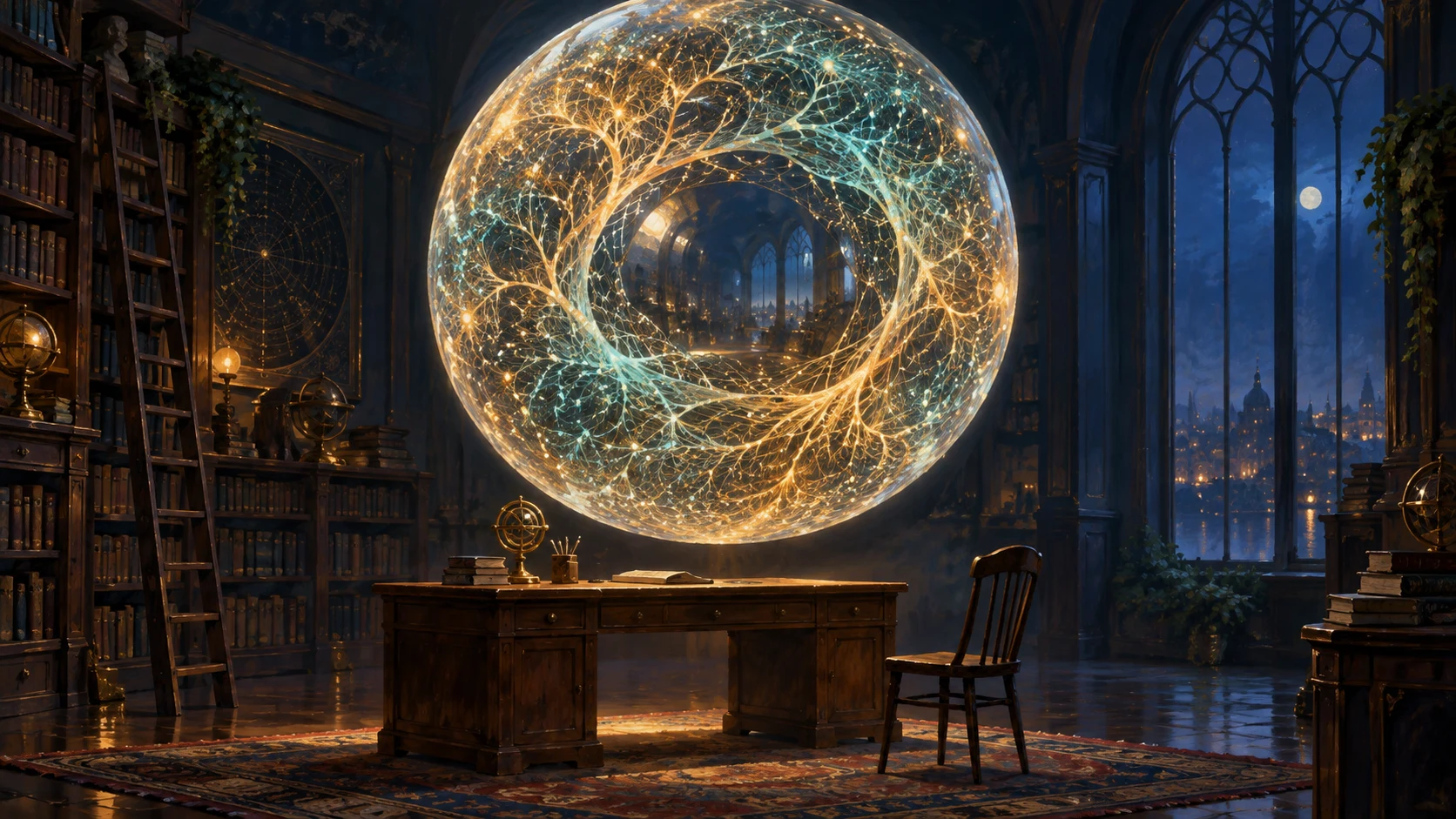 A sphere of intricate golden and blue light surrounds a clear reflective center above a desk in a library.
