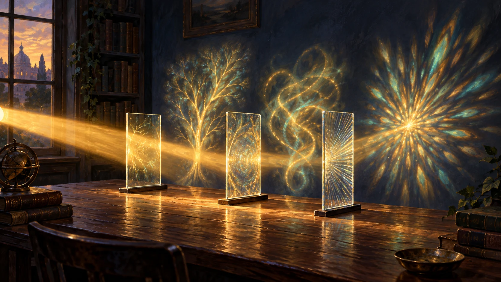 Three glass panes scatter the same incoming light into tree-like, looping, and radiating patterns.